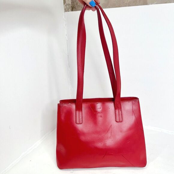 Furla Vintage Red Leather Shoulder Bag Handbag Purse Candy Apple Cherry - Picture 2 of 13